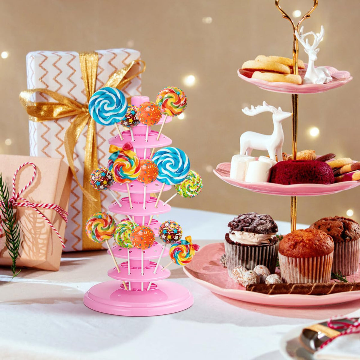 PRETYZOOM Pink Adjustable Multi-Tier Lollipop Stand Candy Display Rack for Parties Weddings Store Use 10.62X5.31X5.31 Inch Lollipop Holder for Kids and Events