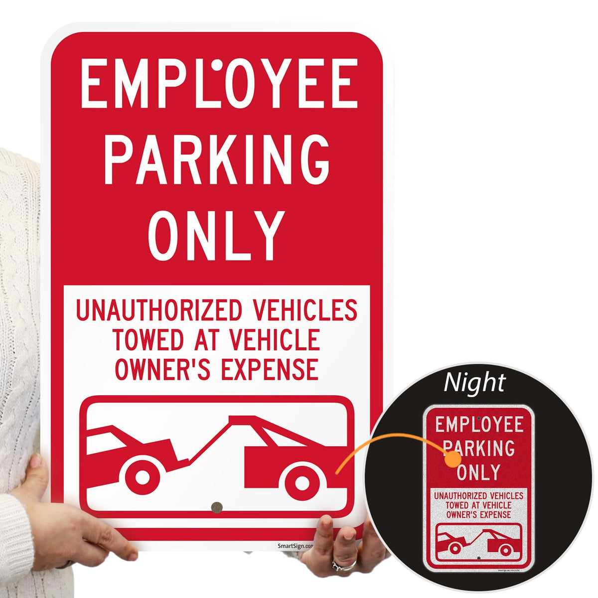 SmartSign Employee Parking Only Unauthorized Vehicles Towed Sign - 12" x 18", 120 mil Aluminum Composite (ACM), Engineer Grade Reflective Material, Red and White, Made in USA 12" x 18" ACM EG Reflective