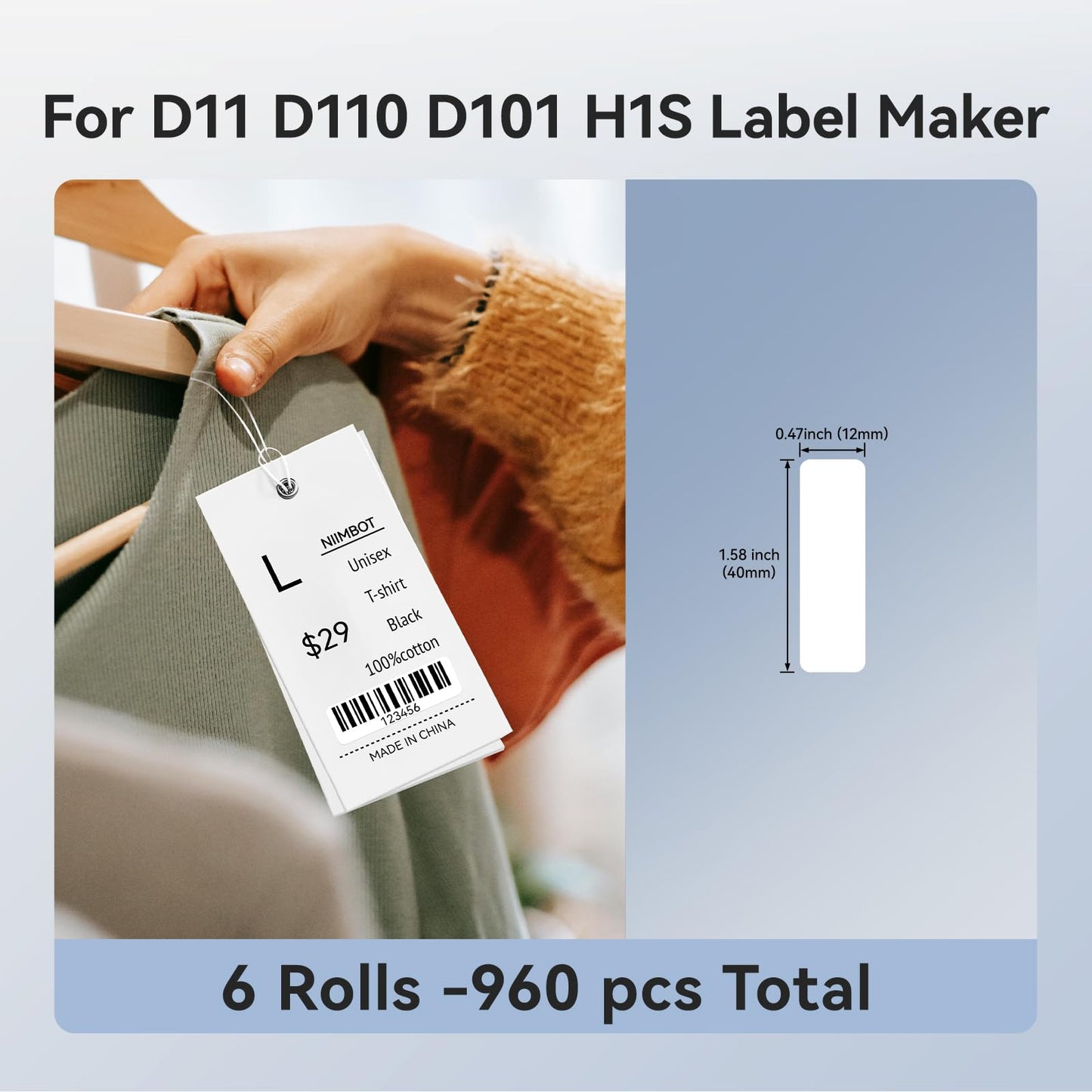 Label Maker Tape NIIMBOT D11 6 Rolls Adapted Cable Label Print Paper Standard Laminated Office Labeling Tape Replacement for D11 Handheld Label Machine Oil Proof Waterproof Tearproof (12 * 40WHITE) 12*40white
