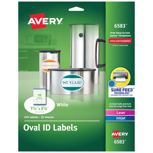 Avery Easy Peel Oval ID Labels, Sure Feed, Print to Edge, Perm Adhesive, 1.5" x 2.5", 270 Ct (6583)