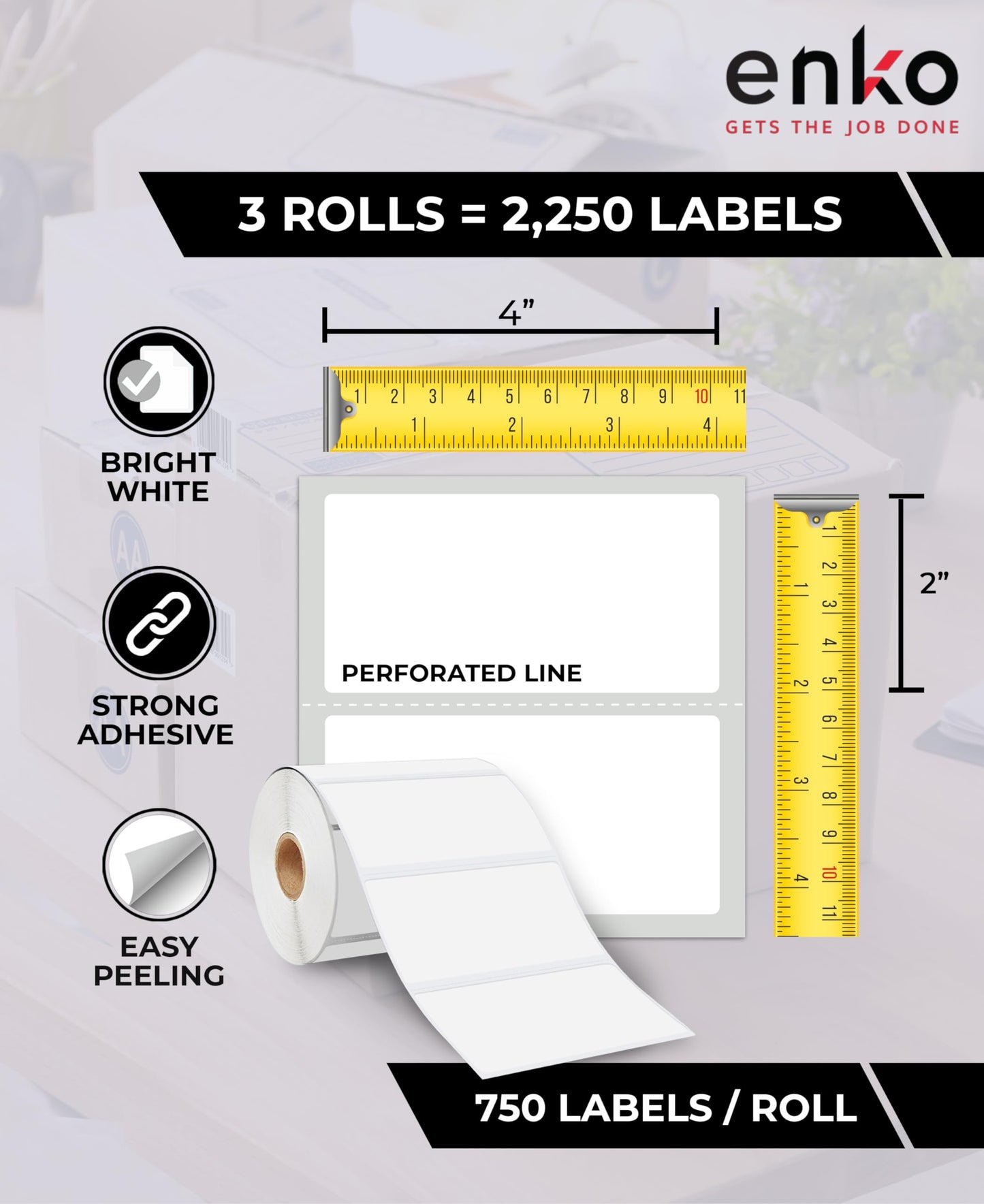 enKo 4" x 2" Labels for Zebra Desktop Printers (3 Rolls | 2,250 Labels) Direct Thermal Address Mailing Shipping Barcode FBA Stickers FNSKU Label for Zebra and Eltron (Perforated) 3 Rolls - 2,250 Labels