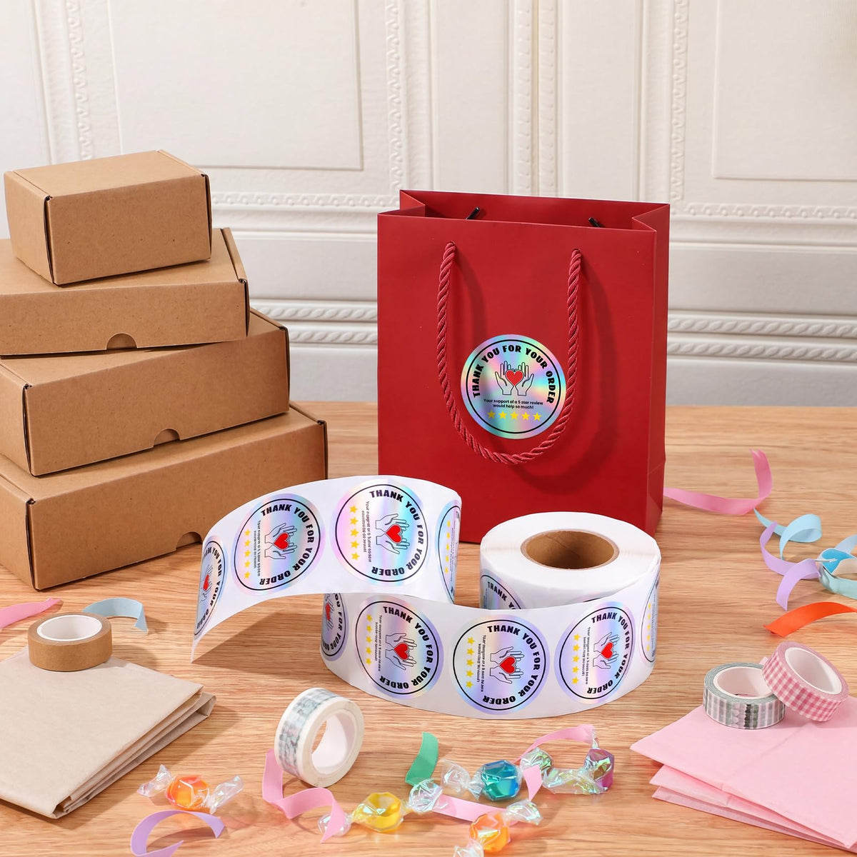 Fulmoon 1000 Pcs Thank You for Your Order Stickers Bulk, Round, Holographic