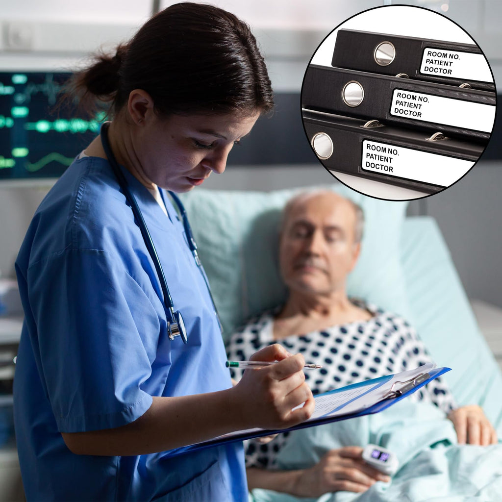 200 pieces DLUGOPIS medical record binder spine stickers with adhesive labels for patient charts, room numbers, and doctor info.