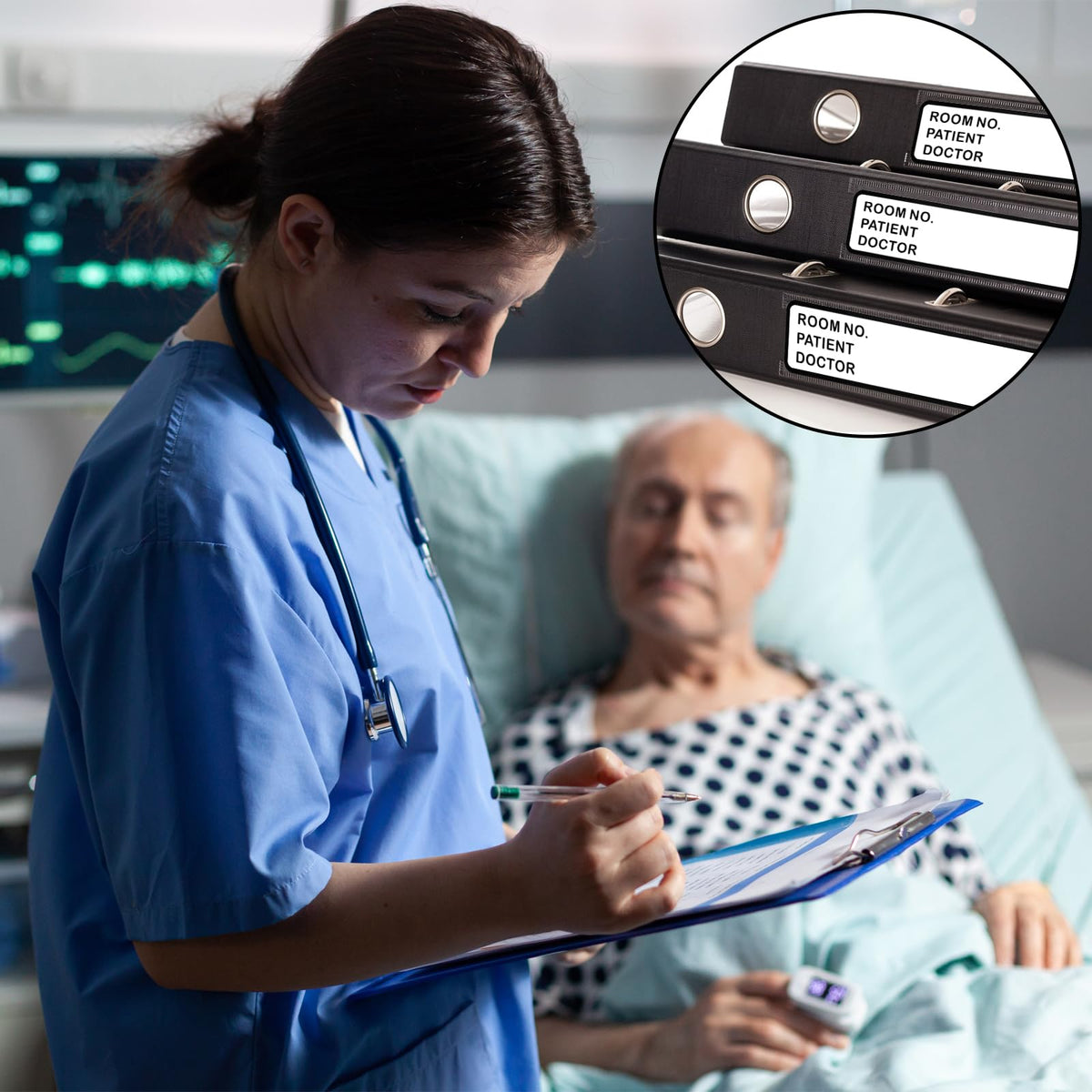 200 pieces DLUGOPIS medical record binder spine stickers with adhesive labels for patient charts, room numbers, and doctor info.