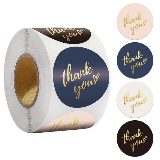 500 Labels Thank You Stickers Roll 1.5 inch Thank You Label Self-Adhesive Sealing Stickers for Small Business Packaging 4 Colors with Gold Foil Design
