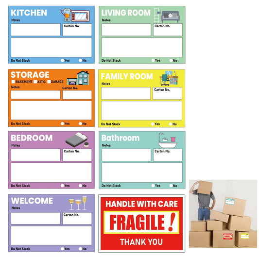 6 x 4 Large Home Moving Packing Box Labels Moving Labels 80 Pcs Color-Coded Moving Labels Stickers Room Tags Color Coded Moving Labels for Boxes + Fragile Moving Stickers for Moving Boxes Supplies