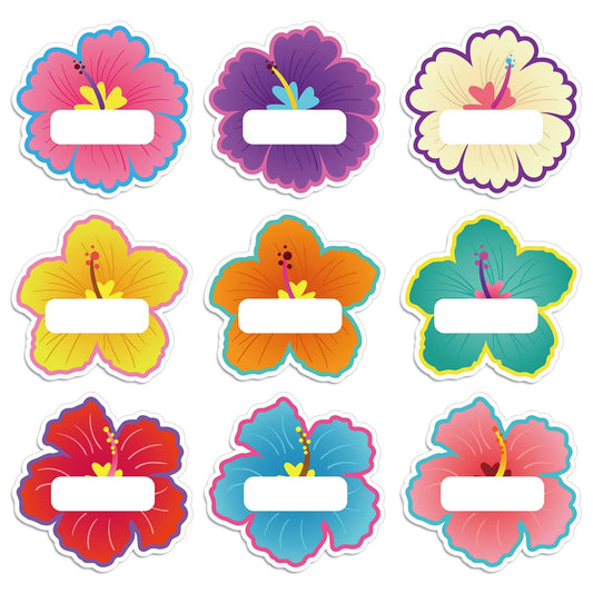 Whaline 90Pcs Hibiscus Flower Name Tag Stickers Colorful Floral Blank Nameplate Stickers 9 Style Assorted Self-Adhesive Name Label Decals for Summer Students Desk Classroom School Office