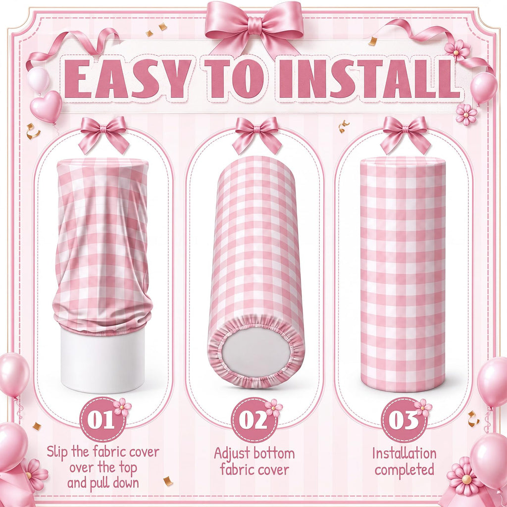 Tigeen 3 Pcs Cylinder Pedestal Stand Covers, Gingham, Pink and White