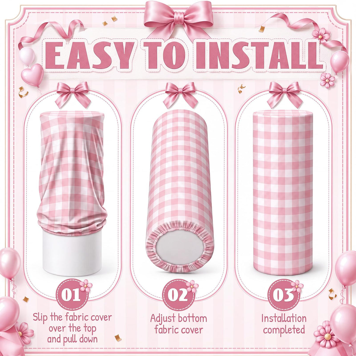 Tigeen 3 Pcs Cylinder Pedestal Stand Covers, Gingham, Pink and White