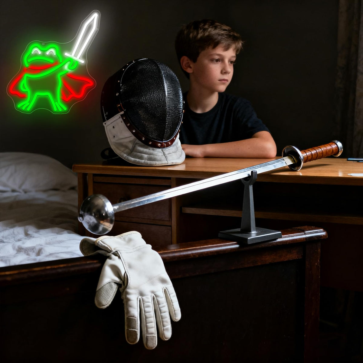 Sword Frog Neon Sign for Wall Decor Dimmable Cartoon Frog LED Neon Light Green+Red