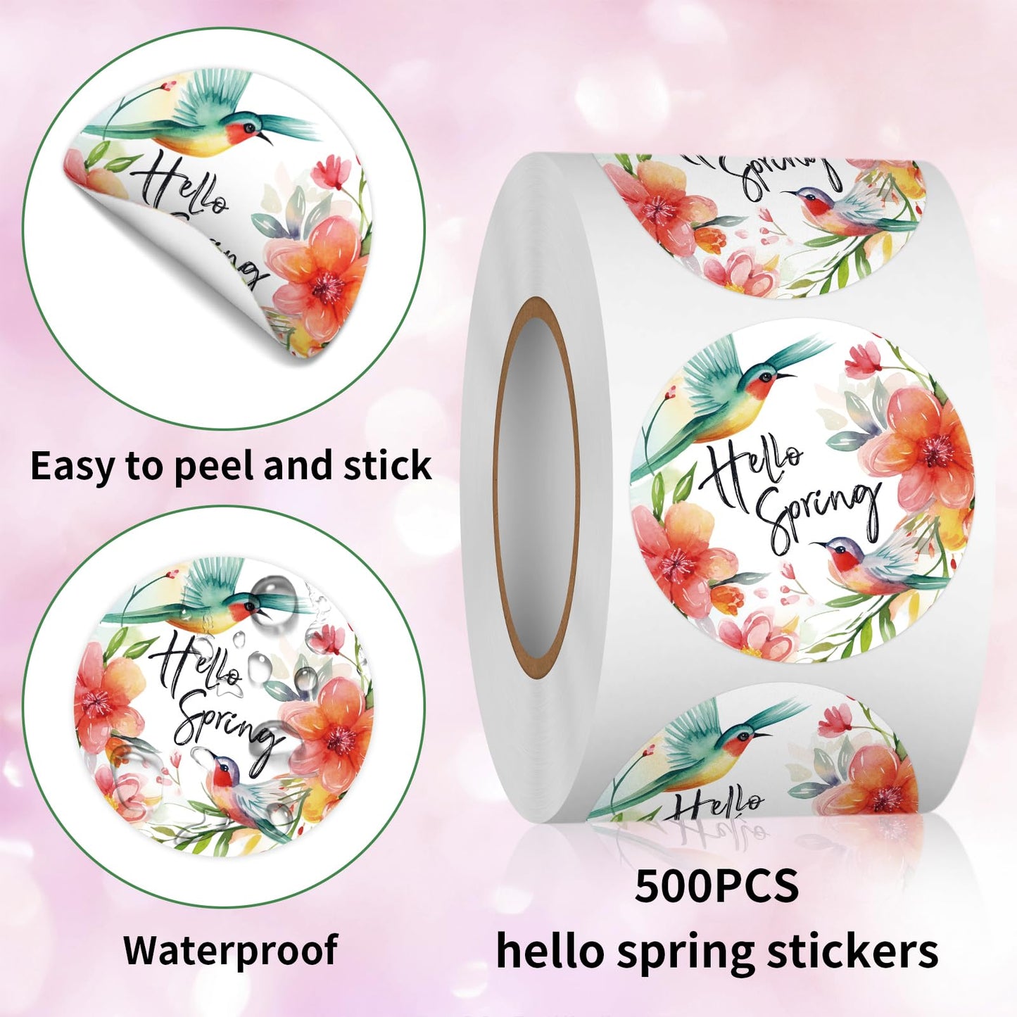 Heyfibro 500 PCS 1.5 Inch Hello Spring Stickers Roll for Adults, Gift Packing, Cards, Candy Bags, Envelopes, Party Supplies(Bird)