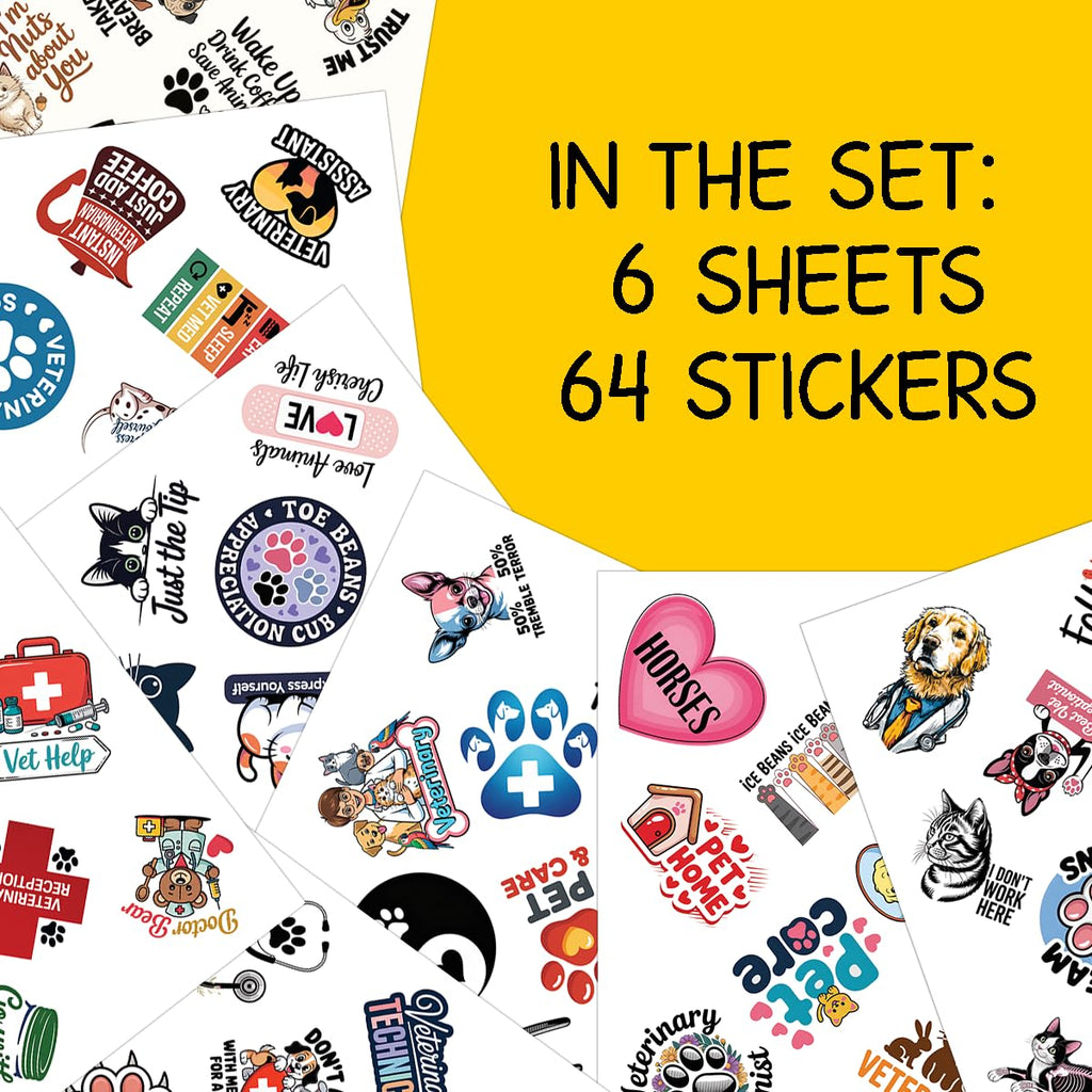 64pcs Veterinary Stickers - Cute Animal Care Vinyl Decals Pack for Vets, Students & Pet Lovers - Perfect for Phone Cases, Laptops, Luggage, Picnic Crafts, and Daily Decoration