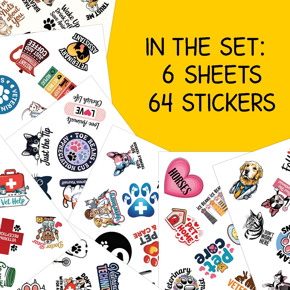 64pcs Veterinary Stickers - Cute Animal Care Vinyl Decals Pack for Vets, Students & Pet Lovers - Perfect for Phone Cases, Laptops, Luggage, Picnic Crafts, and Daily Decoration