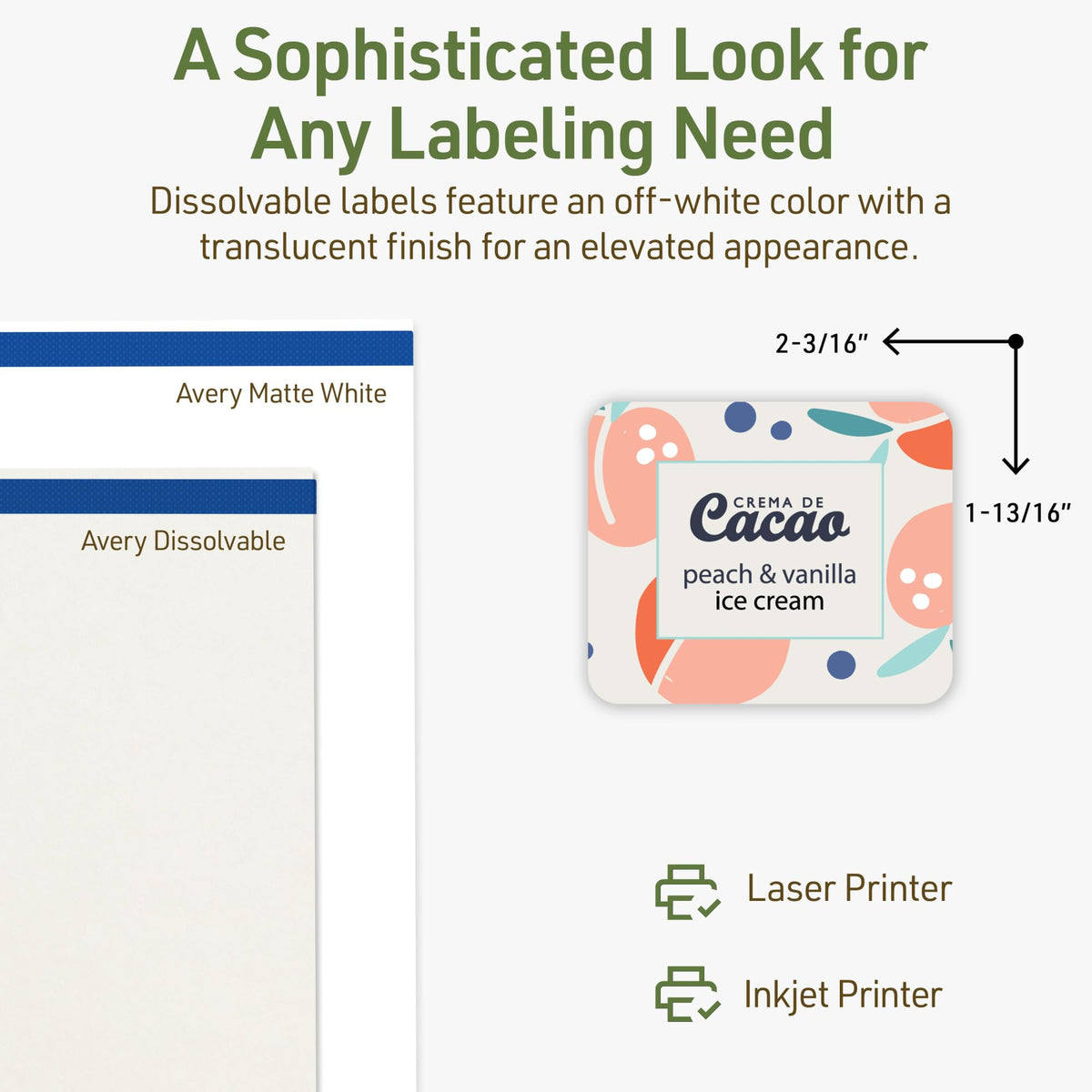 Avery Dissolvable Rectangle Labels, Sure Feed Technology, 1-13/16" x 2-3/16", Matte White, Print-to-The-Edge, Laser/Inkjet Printable, 120 Labels Total