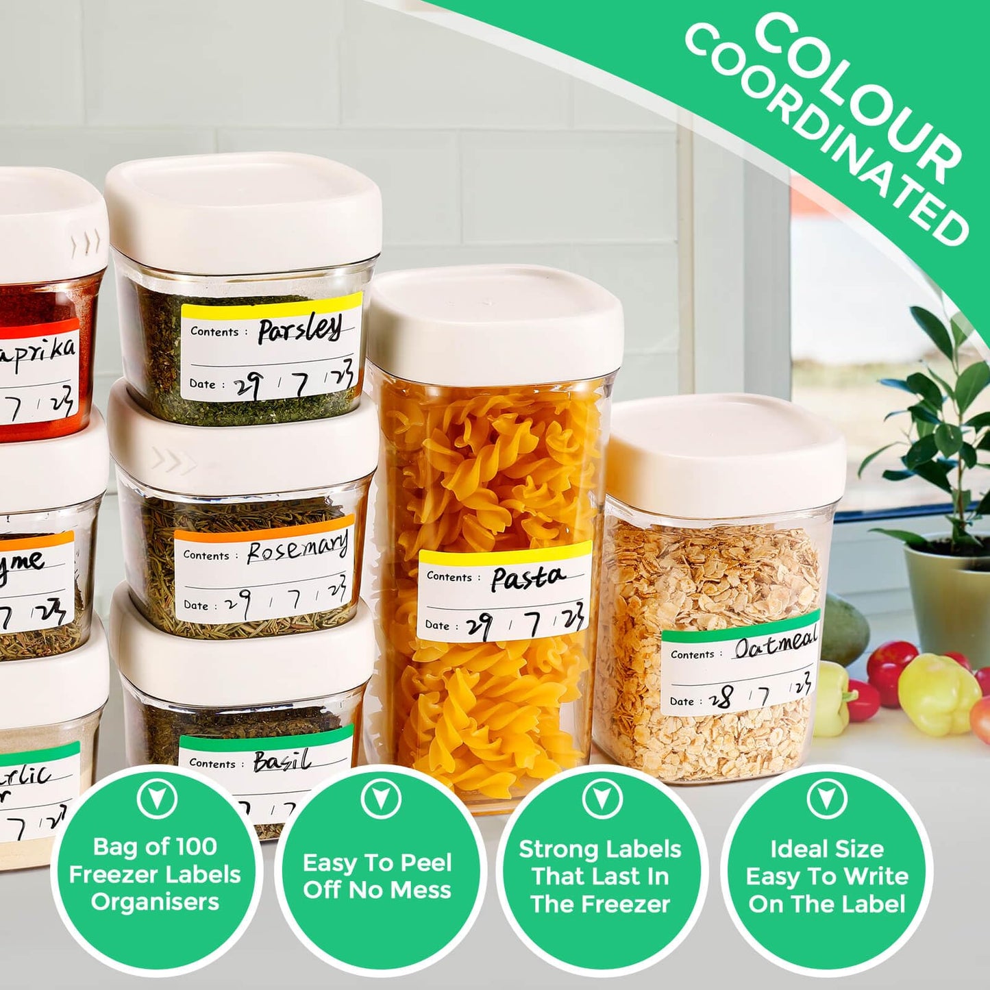 Freezer Kitchen Labels, Removable Food Storage Labels (300 PCS, 1x3 Inch, Clear Vinyl, No Residue, Easy Peel Off) 300