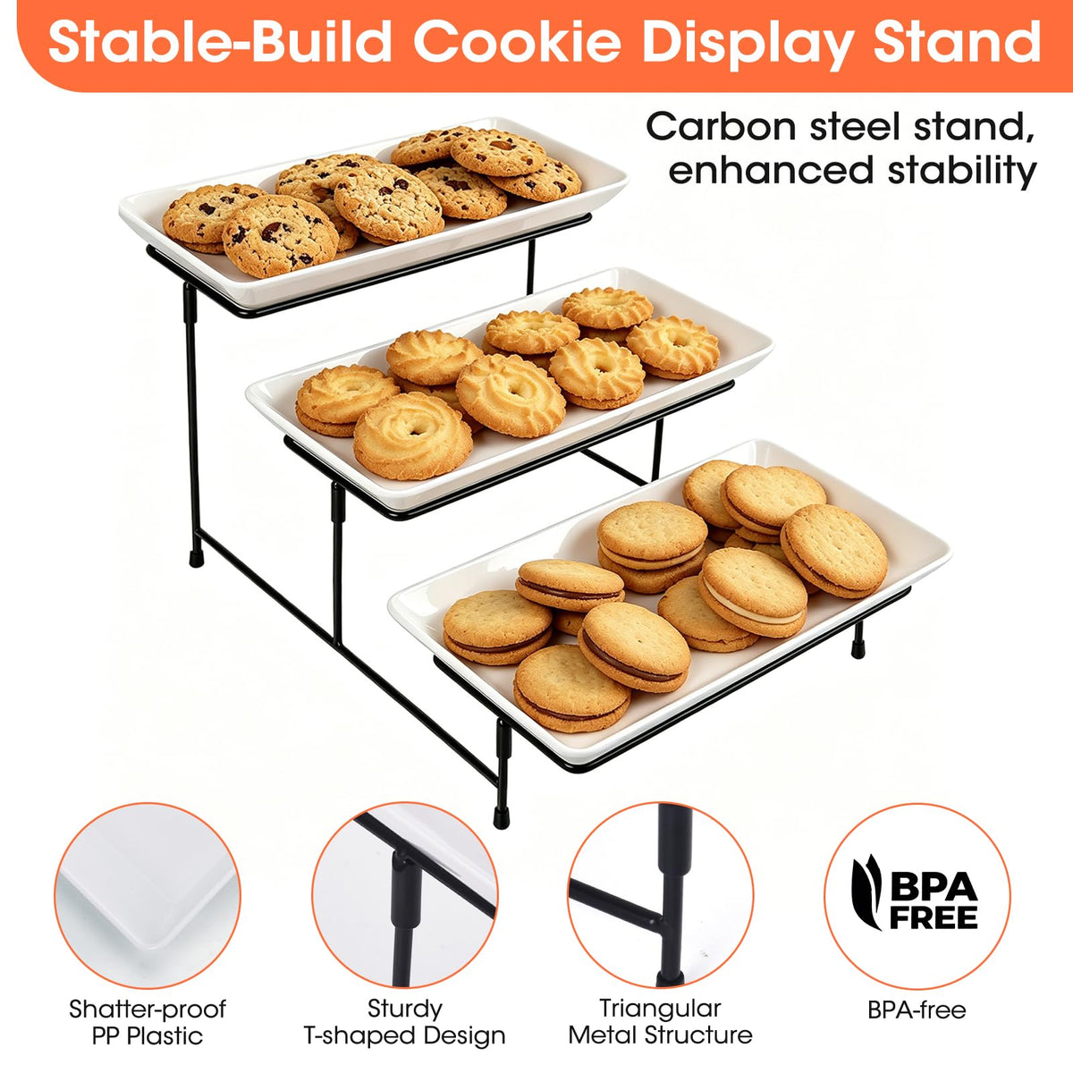 3 Tier Cookie Display Stand, Suitable for Party & Family Gatherings, Tiered Dessert Tray Applicable to Cookies, Desserts, Cupcakes, Fruits, Made of White Color Plastic Trays and Foldable Metal Stand