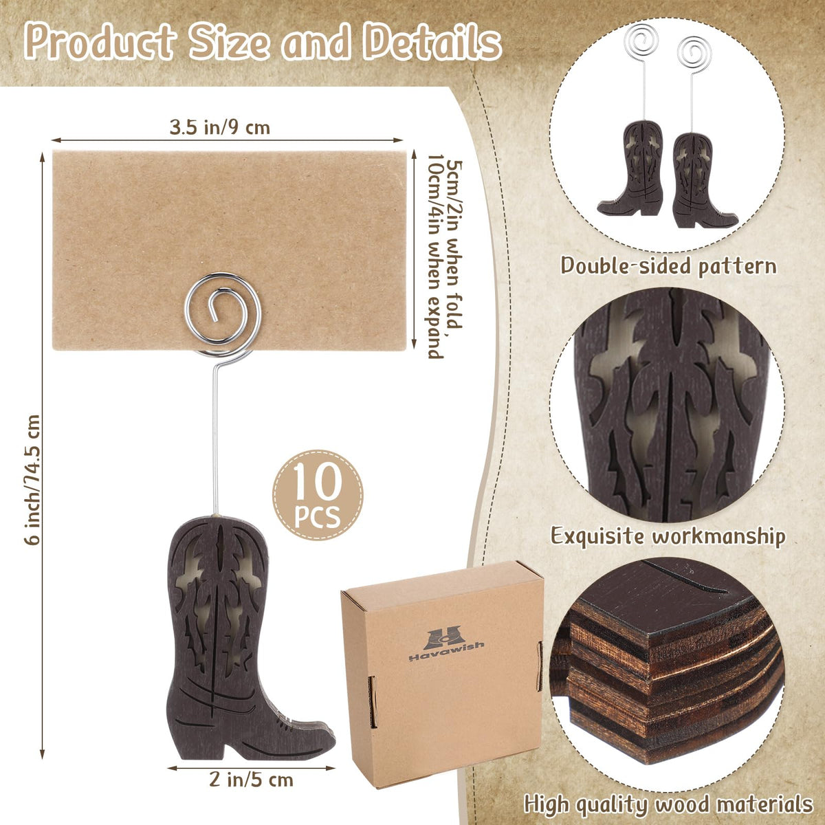 Havawish 10 Set Wooden Cowboy Boot Place Card Holder with Cards, Dark Brown