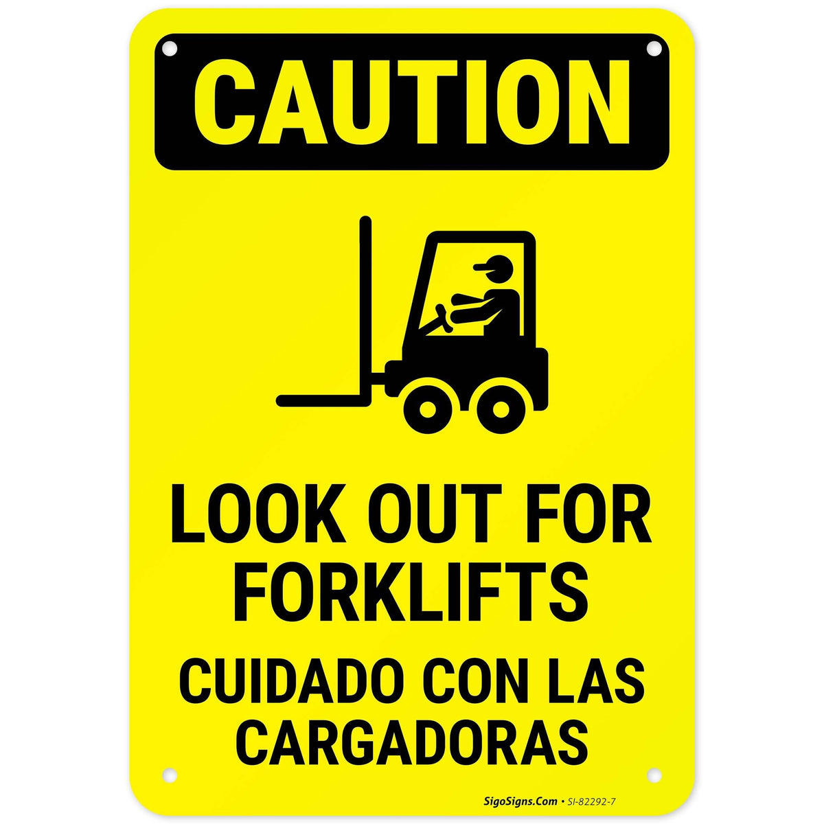 Caution Look Out for Forklifts Bilingual with Graphic OSHA Sign, 10x7 Inches, Rust Free .040 Aluminum, Fade Resistant, Made in USA