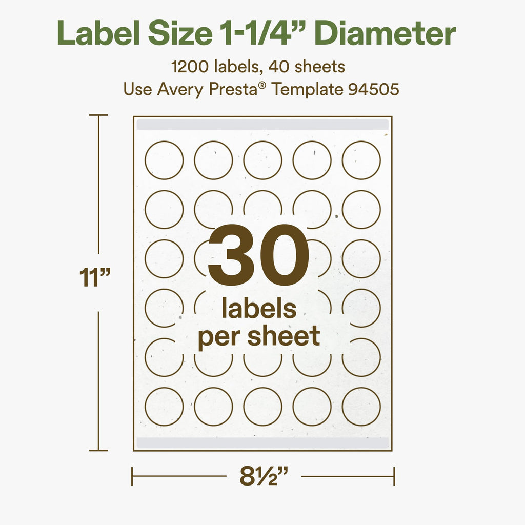 Avery Printable Round Hemp Labels with Sure Feed Technology, 1-1/4" Diameter, Off-White, Print-to-the-Edge, Laser & Inkjet Compatible, 1200 Total, Great for Product Branding, Packaging, and More 1,200 Labels