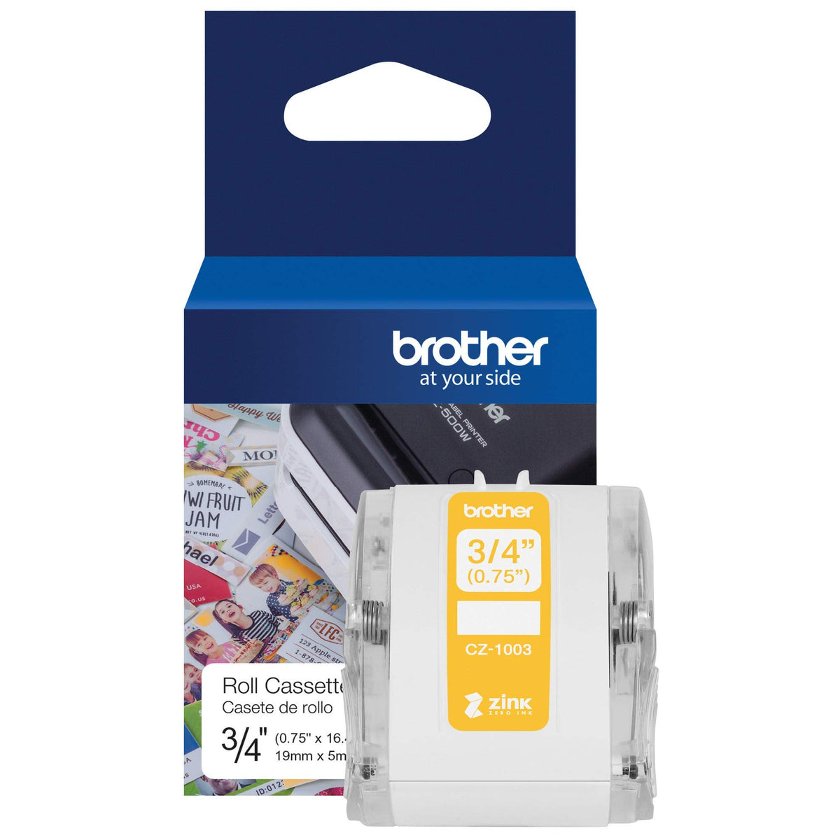 Brother Genuine CZ-1004 Continuous Length 1” (1.0”) 25 mm Wide x 16.4 ft. (5 m) Long Label Roll Featuring Zink Zero Ink Technology & Genuine CZ-1003 Continuous Length ¾” (0.75”) 19 mm Wide x 16.4 ft