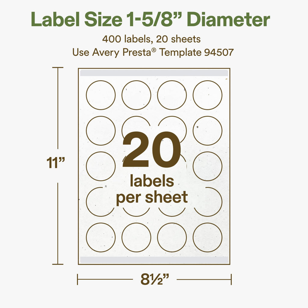 Avery® Printable Round Hemp Labels, Sure Feed® Technology, 1-5/8" Diameter, Off-White, Print-to-the-Edge, Laser & Inkjet Compatible, 400 Total, Great for Product Branding, Packaging, and More 400 Labels