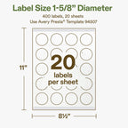 Avery® Printable Round Hemp Labels, Sure Feed® Technology, 1-5/8" Diameter, Off-White, Print-to-the-Edge, Laser & Inkjet Compatible, 400 Total, Great for Product Branding, Packaging, and More 400 Labels