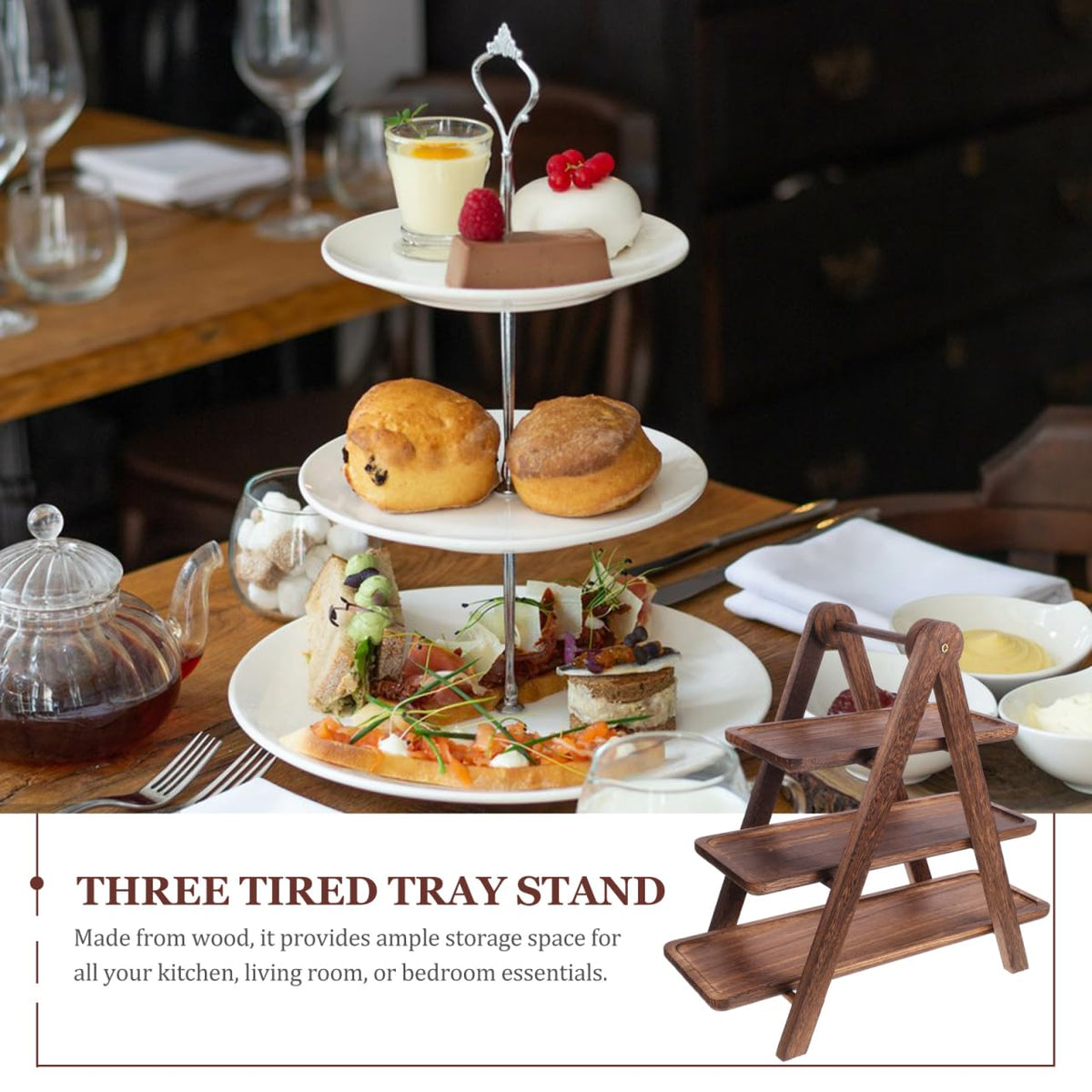 CALLARON Wooden Three-Tier Tray Storage Rack Brown