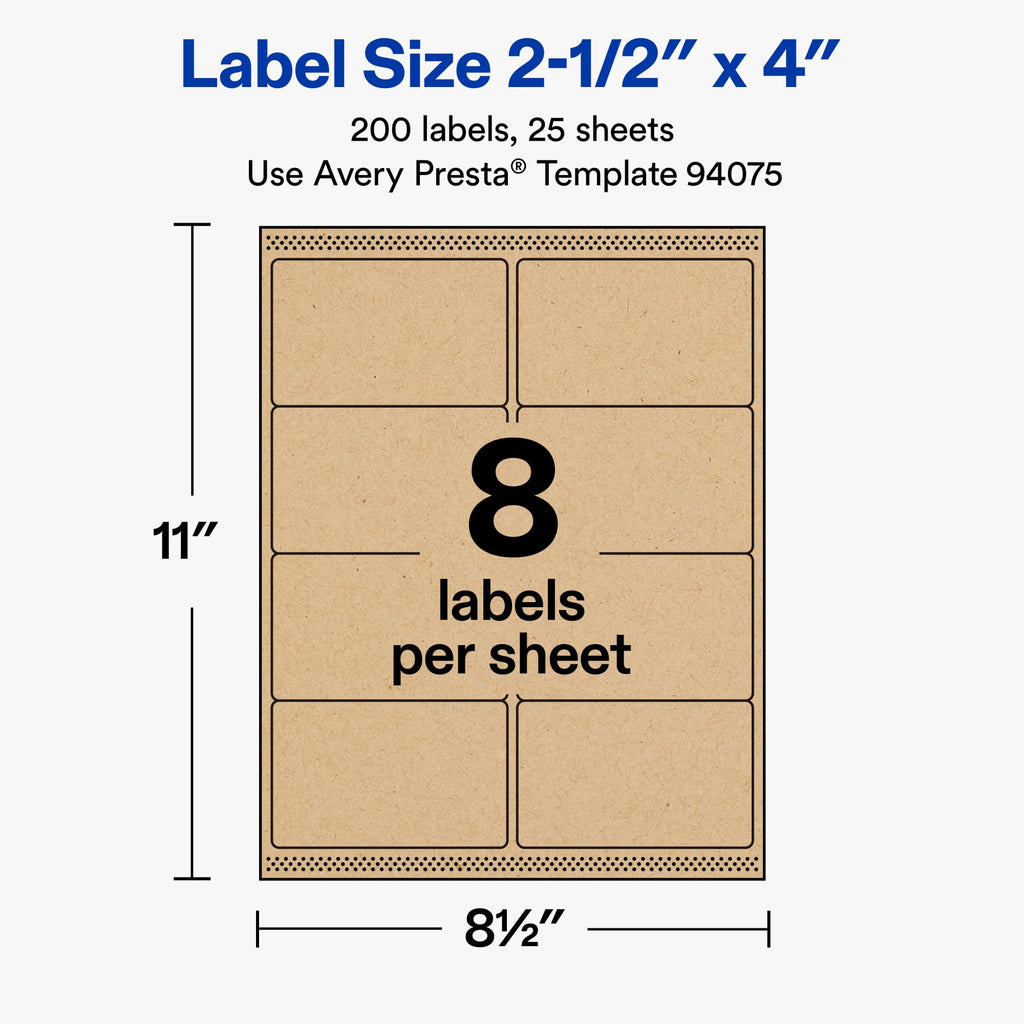 Avery® Kraft Brown Rectangle Labels, 2.5" x 4", Sure Feed Technology, Laser/Inkjet Printer Compatible, 200 Printable Labels Total, Great for Branding, Packaging, Events, and More 200 labels