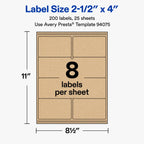 Avery® Kraft Brown Rectangle Labels, 2.5" x 4", Sure Feed Technology, Laser/Inkjet Printer Compatible, 200 Printable Labels Total, Great for Branding, Packaging, Events, and More 200 labels
