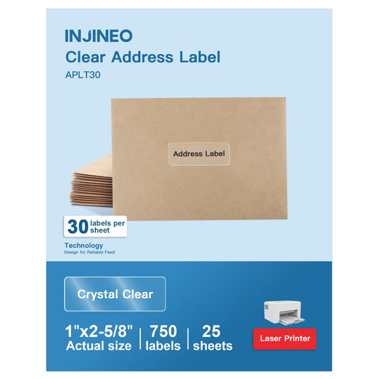 1" x 2-5/8" Crystal Clear Address Labels, Shipping Address Labels for Laser Printers, Mailing Labels Compatible with 5600, 8660, 15600, 18660, Easy to Peel (750 Labels, 25 Sheets) 750