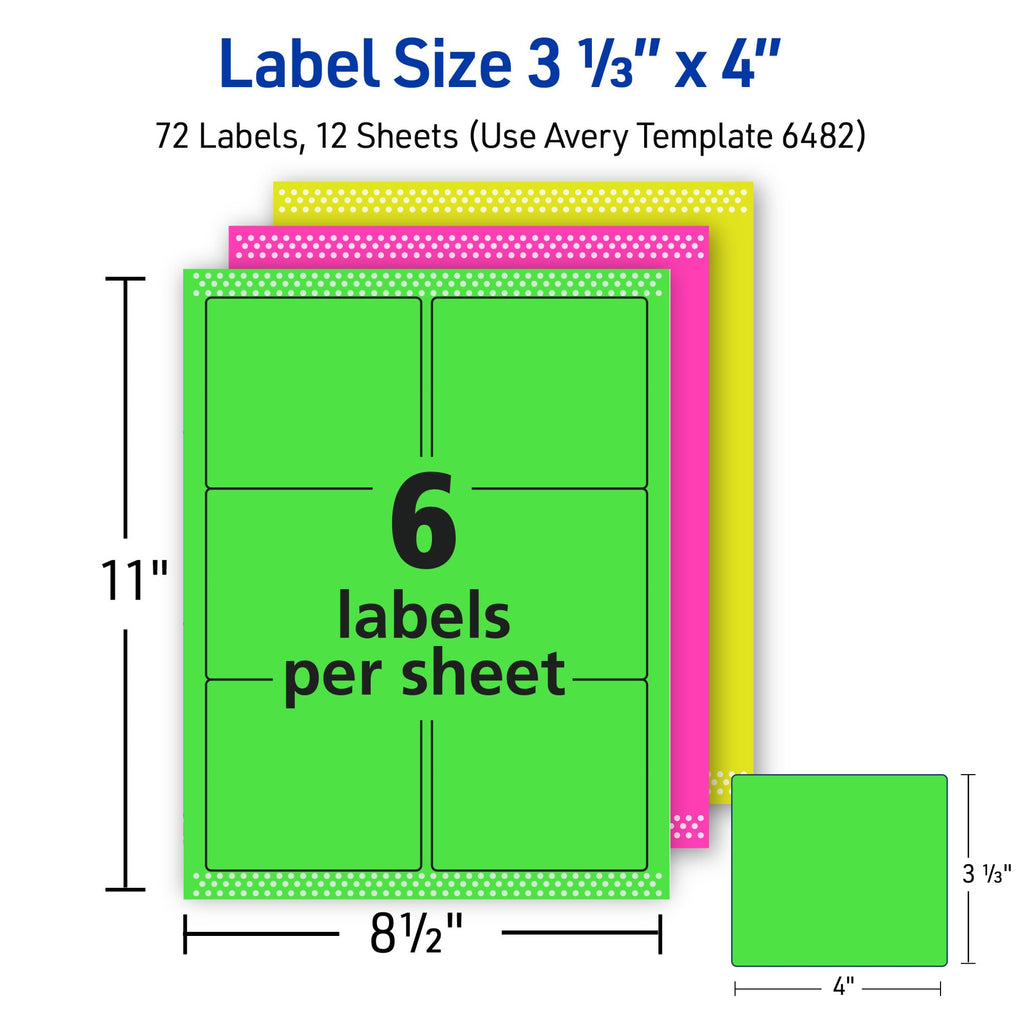 Avery Printable Labels with Sure Feed, 3-1/3" x 4", Assorted Neon Colors (Green, Magenta, and Yellow), Removable Adhesive, Laser & Inkjet Compatible, 72 Blank Labels Total (6482)