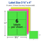 Avery Printable Labels with Sure Feed, 3-1/3" x 4", Assorted Neon Colors (Green, Magenta, and Yellow), Removable Adhesive, Laser & Inkjet Compatible, 72 Blank Labels Total (6482)