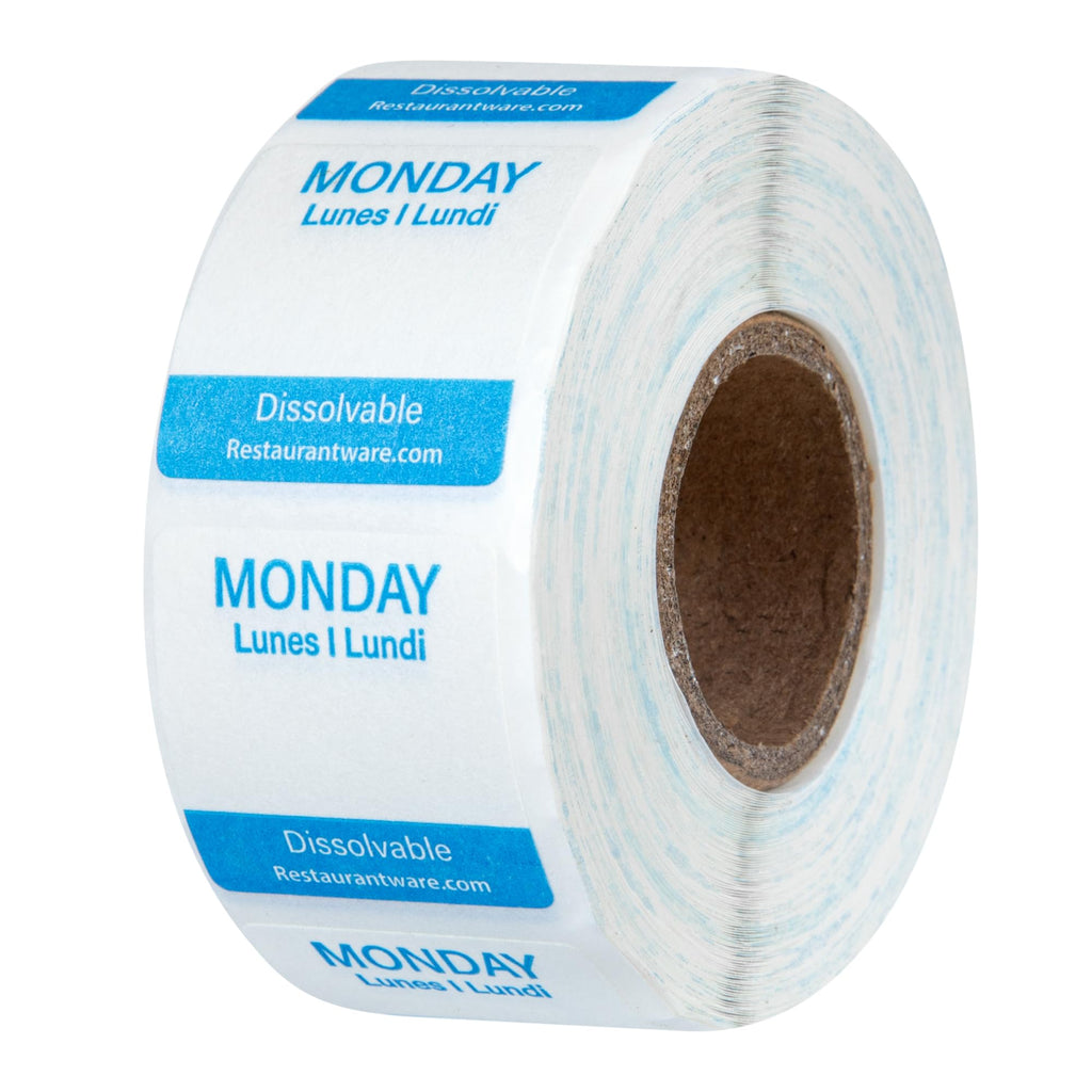 Restaurantware RW Smart 1 Inch x 1 Inch Food Rotation Labels 3500 Dissolvable Food Safety Labels - Premium Trilingual Paper Day Of The Week Labels For Food Storage Or Prep Weekly 7-Day
