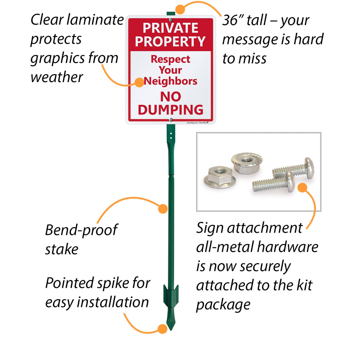 SmartSign 12 x 10 inch “Private Property - Respect Your Neighbors, No Dumping” Yard Sign with 3 foot Stake, 40 mil Laminated Rustproof Aluminum, Red and White, Set of 1