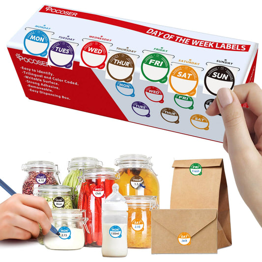 Label Stickers for Food Containers with Dispenser Box, Removable Day Dot Food Labels Peel Tab 7 Day of The Week for Home Freezer Restaurant Supplies Week Monthly Planners Meal Prep Accessory