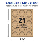Avery® Kraft Brown Oval Labels, Sure Feed® Technology, 1-1/8" x 2-1/4", 1,050 Kraft Brown Labels, Print-to-The-Edge, Laser/Inkjet Printable 1,050 labels