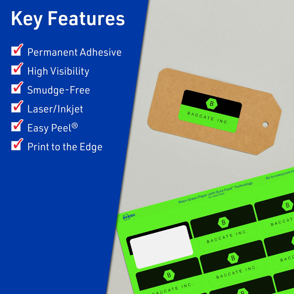 Avery Printable Rectangle Labels, Sure Feed Technology, 1-13/16" x 2-3/16", Neon Green Labels, Print-to-The-Edge, Laser/Inkjet Printable, 240 Total, Great for Mailing 240 labels
