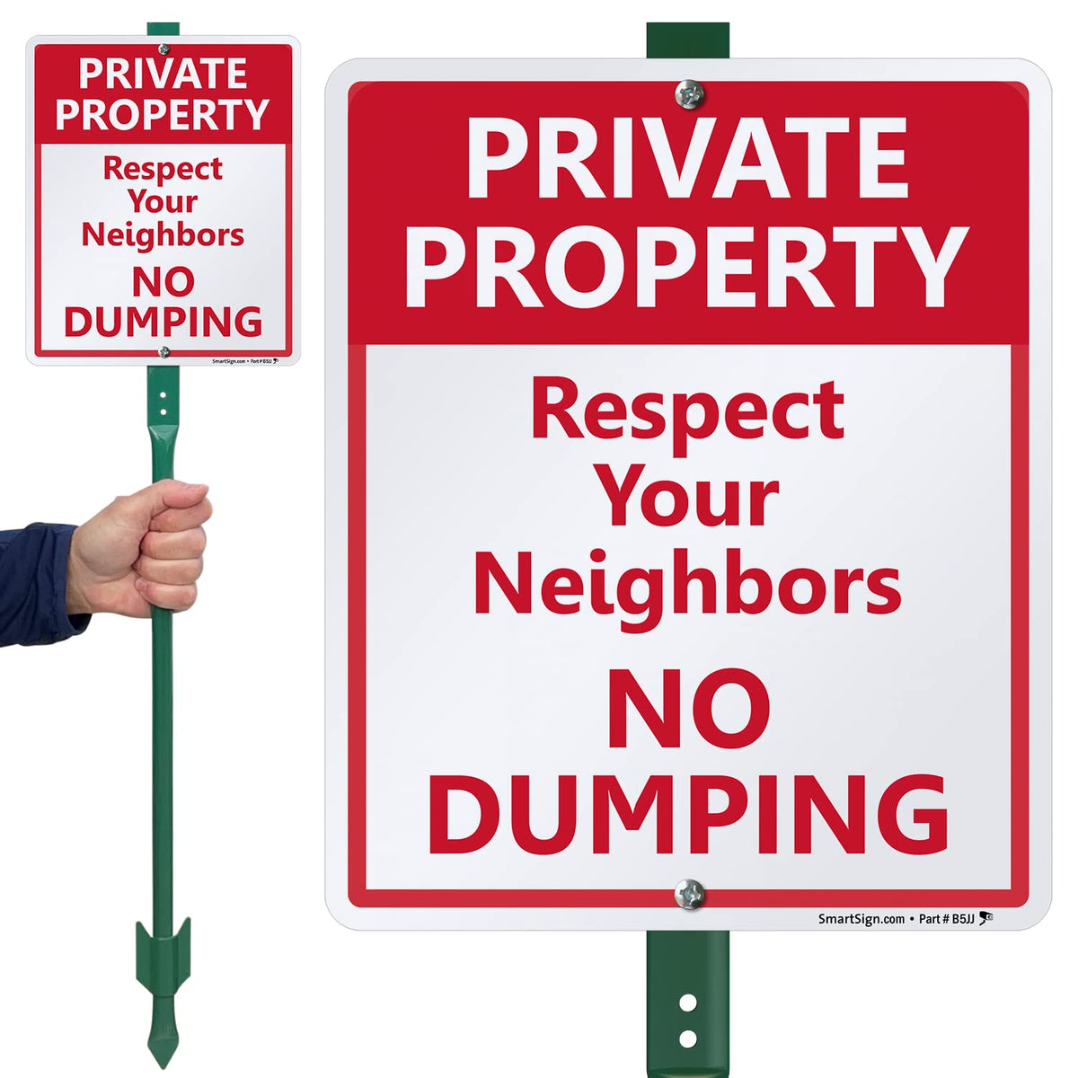 SmartSign 12 x 10 inch “Private Property - Respect Your Neighbors, No Dumping” Yard Sign with 3 foot Stake, 40 mil Laminated Rustproof Aluminum, Red and White, Set of 1