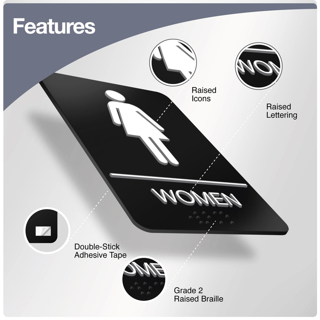 Womens Restroom Sign, ADA Compliant Braill Sign with Double Sided 3M Tape Women Pack of 4