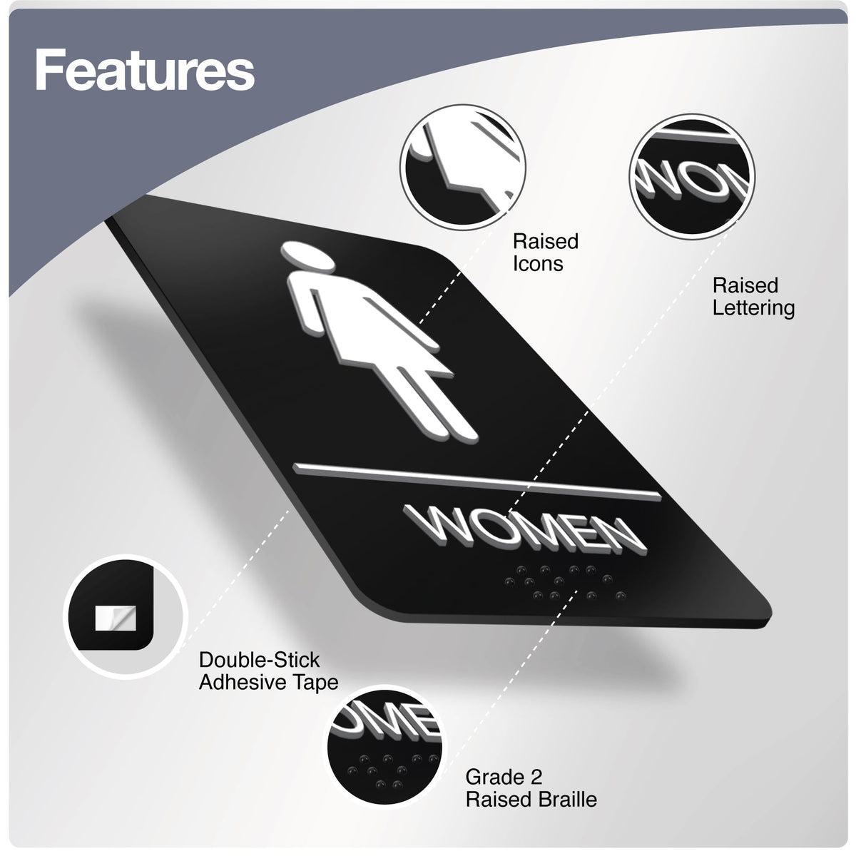 Womens Restroom Sign, ADA Compliant Braill Sign with Double Sided 3M Tape Women Pack of 4