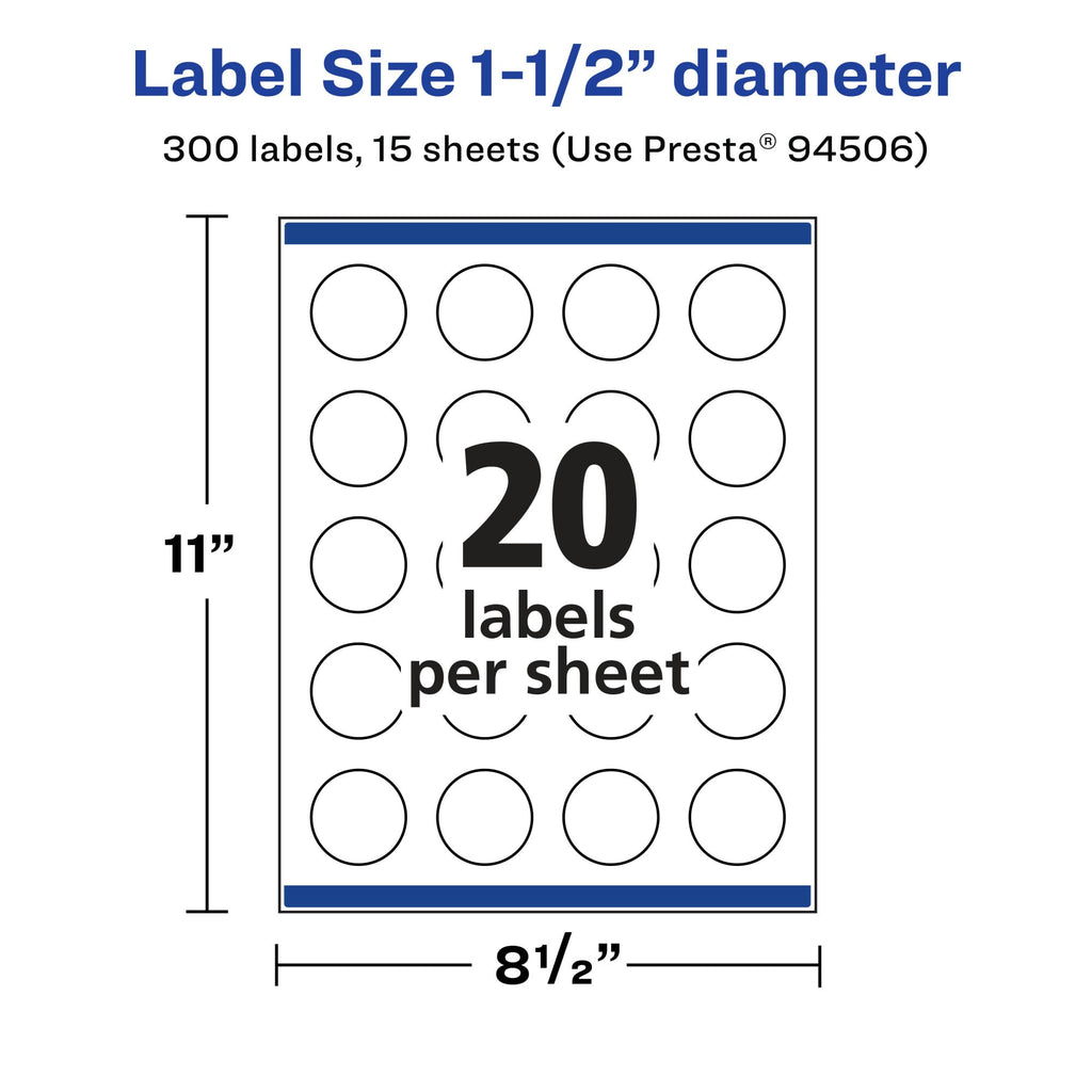 Avery Matte White Removable Round Labels with Sure Feed Technology, 1.5" Diameter, 300 Labels, Laser/Inkjet Printable 1-1/2" Diameter 300 Count