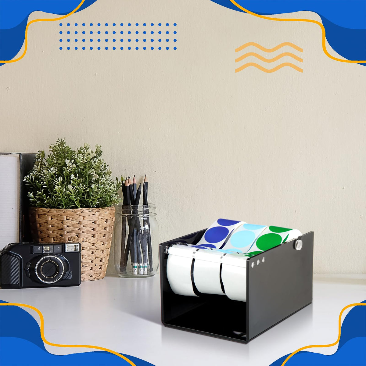 Reallnaive 1 Pcs Adjustable Label Dispenser 3 Disks Sticker Roll Holder Sticker Dispenser Black Label Roll Holder Acrylic Tape Organizer Stand for Office Home Desktop