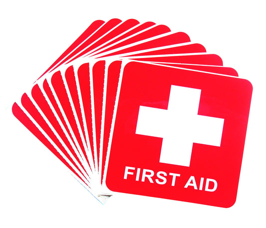 10 pcs First AID Stickers, Waterproof Emergency Treatment Labels, Bubble Free Self Adhesive Peel and Stick Vinyl Decal (10x10 cm) 10x10 cm
