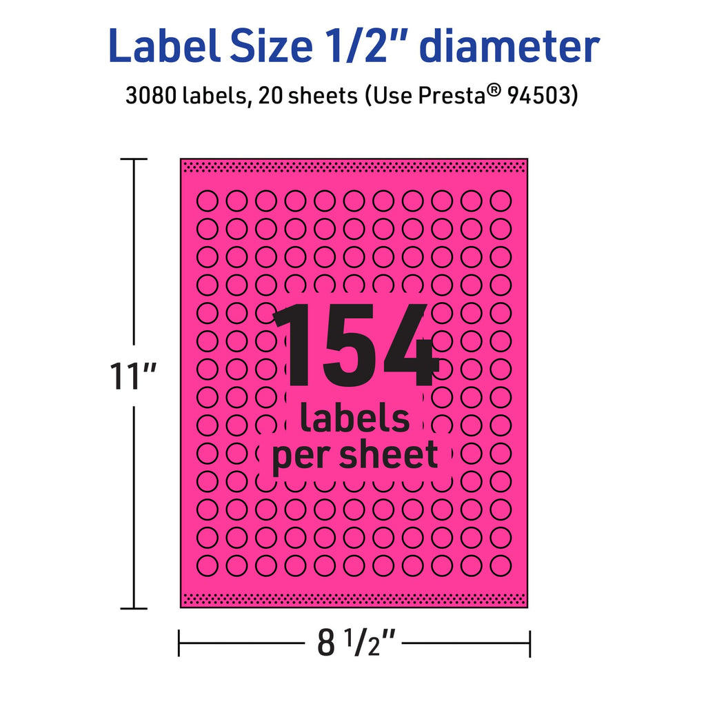 Avery® Printable Round Labels, Sure Feed® Technology, 1/2" Diameter, Neon Magenta Labels, Print-to-the-Edge, Laser/Inkjet, 3,080 Total, Great for Price Stickers and Mailing Seals 3,080 labels