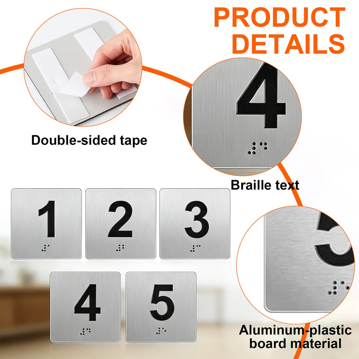 Door Numbers with Braille and Tactile Numbers,Exam Room Sign Numbers 1-5 and 6-10,Double Sided Tape Silver 4" x 4",for Exam Rooms Apartment Offices Educational Institution Elevator Sign,Directional Assistance Test Center (Numbers1-5) Numbers1-5