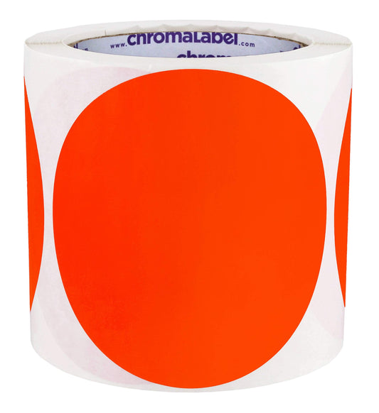 ChromaLabel 4 Inch Round Label Permanent Color Code Dot Stickers, High Visibility for Warehouse Inventory, 250 Labels per Roll, Fluorescent Red Orange 4"