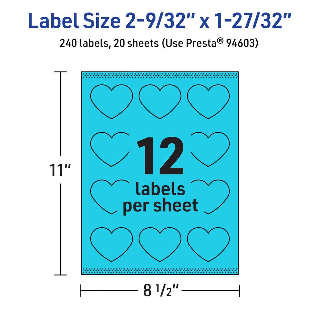 Avery® Printable Heart Labels, Sure Feed® Technology, 2-9/32" x 1-27/32", Bright Blue Labels, Print-to-The-Edge, Laser/Inkjet Printable, 240 Total, Great for Mailing Seals and Packaging 240 labels