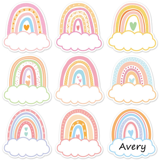 Whaline 135Pcs Pastel Rainbow Clouds Name Tag Stickers 9 Designs Nameplate Stickers Colorful Classroom Bulletin Board Decoration Label Stickers for Office School Desk Wall Decor