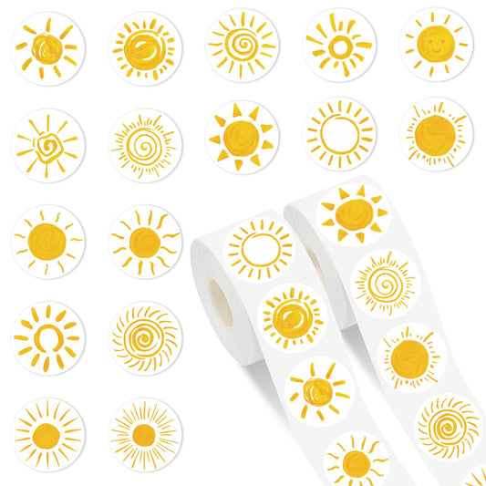 1000Pcs Boho Sun Stickers 16 Designs Sunshine Decal Adhesive Sealing Labels for Birthday Baby Shower Grocery Baking Bag Party Favor Supplies, 2 Roll