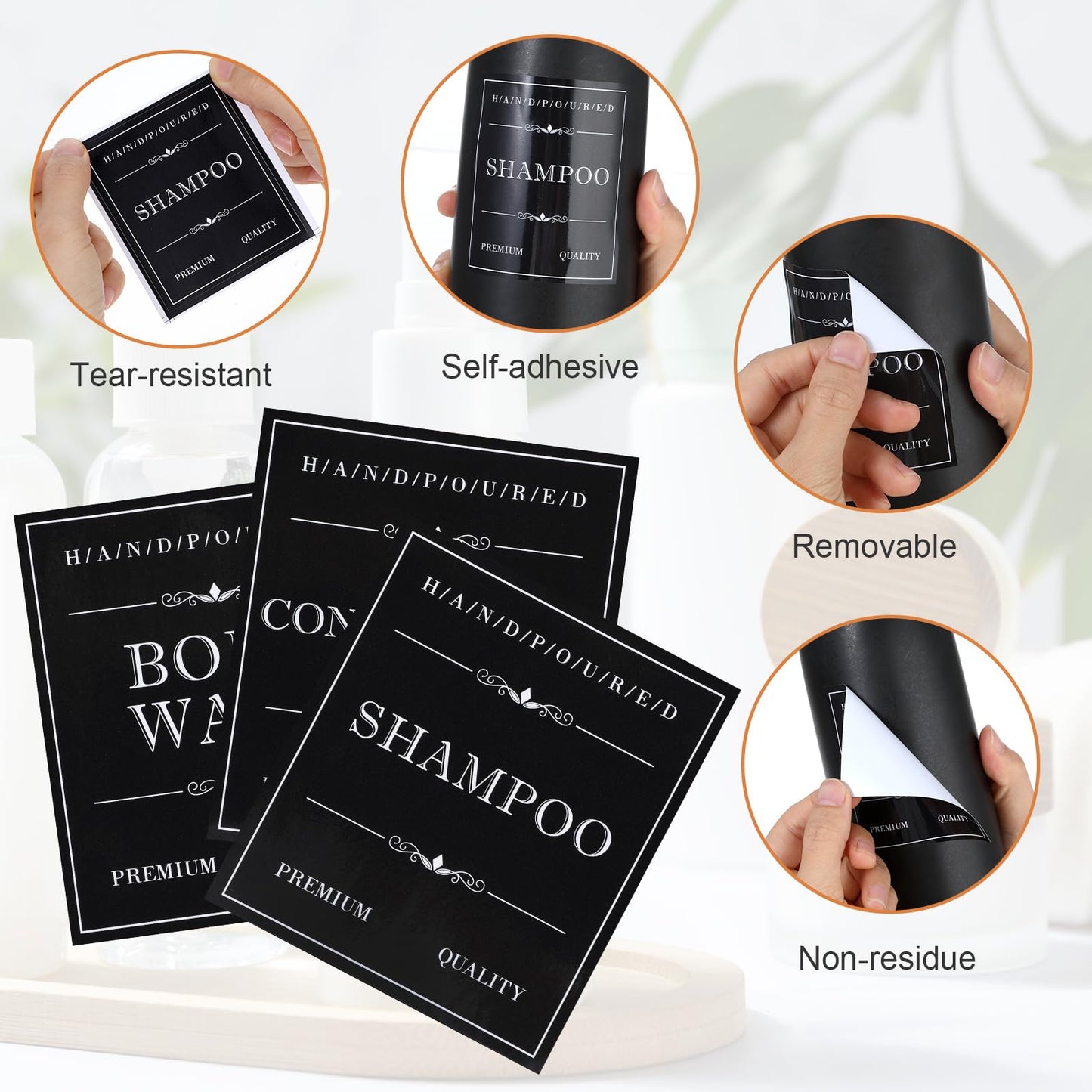 Waterproof Labels for Bottles, Ymapinc 30Pcs Removable Bathroom Organization Labels Stickers for Shampoo/Conditioner/Body Wash, Black Toiletry Labels for Plastic/Glass Bottles
